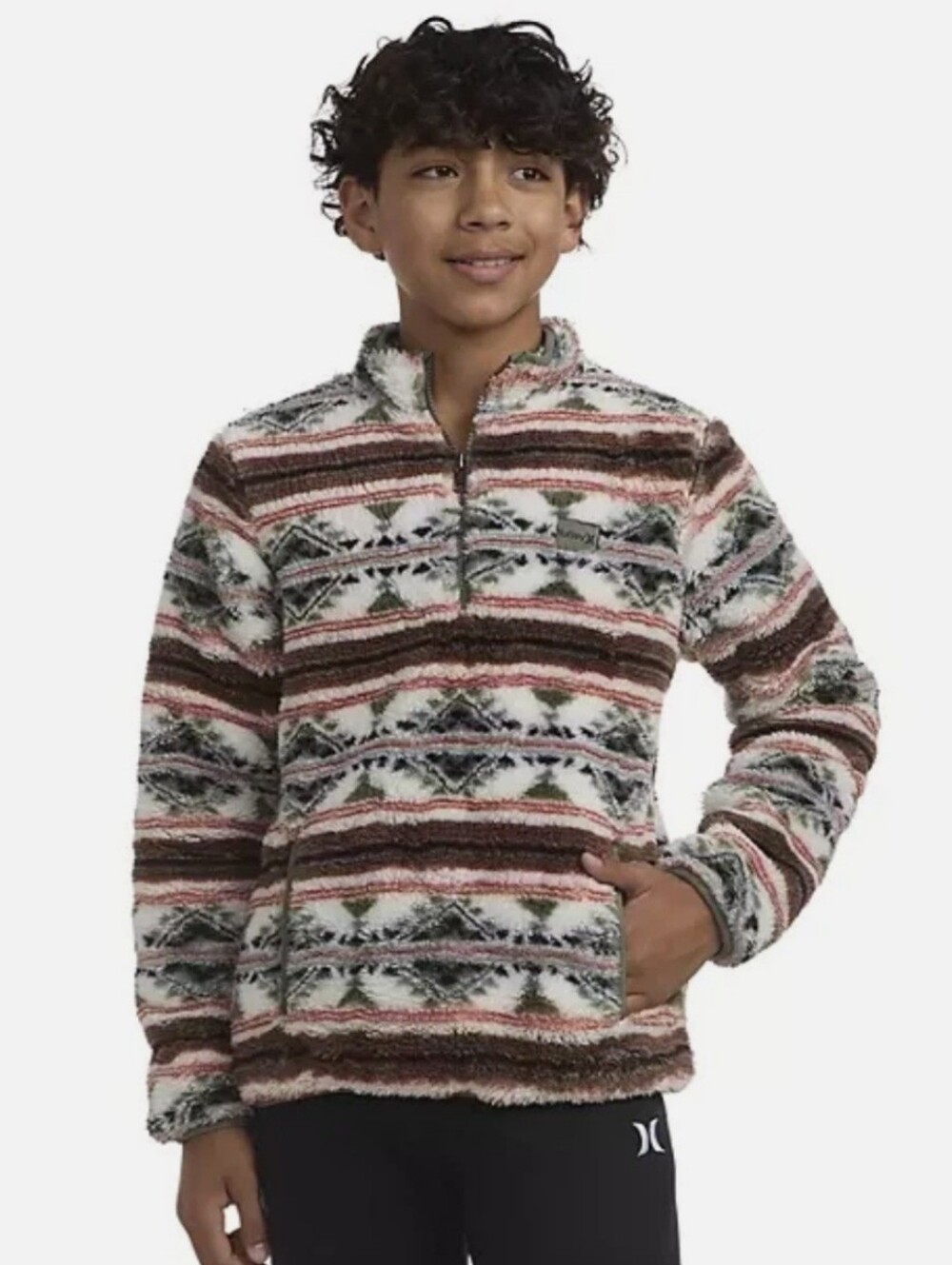 Hurley Sherpa Printed Quarter Zip Fuzzy Fleece Sweater Jacket Boys Size Medium 8